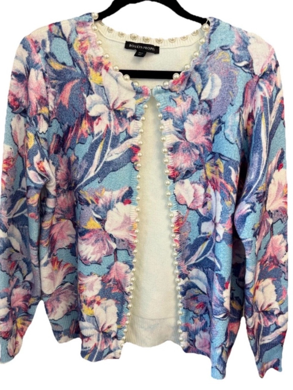 NWOT Boston Proper Floral Pearl-Trim Cardigan Sweater - Blue/Pink Sz L